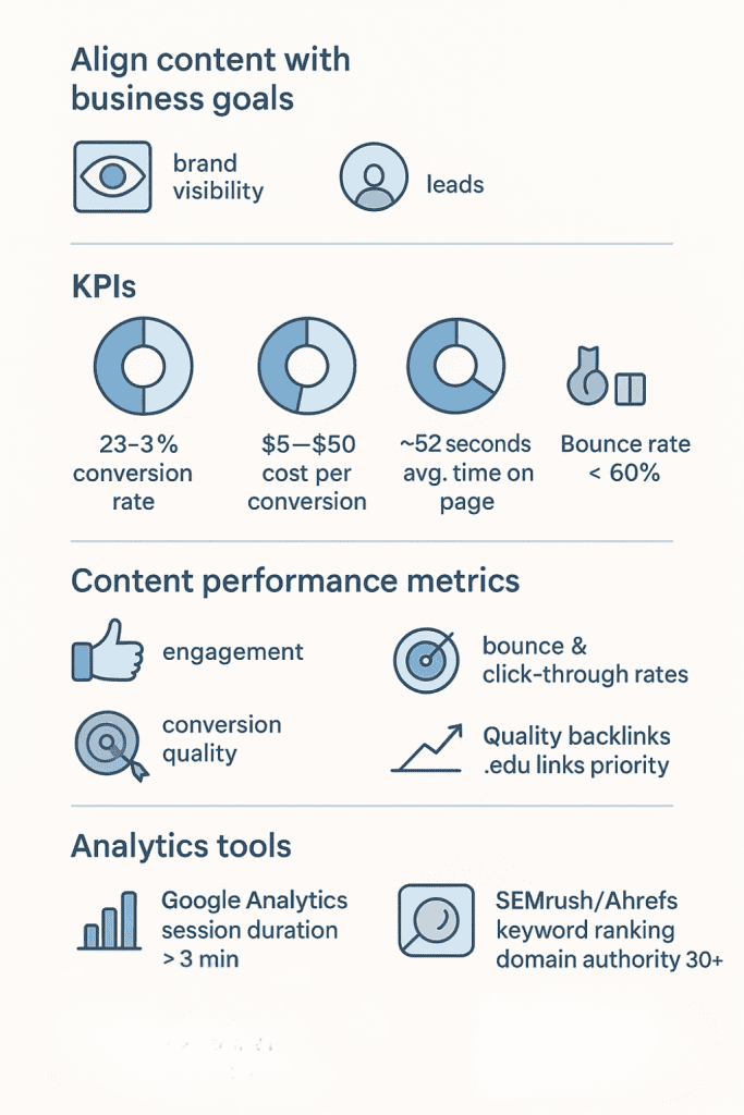 Infographic detailing metrics for "measuring content strategy success," including KPIs and analytics tools for performance tracking.