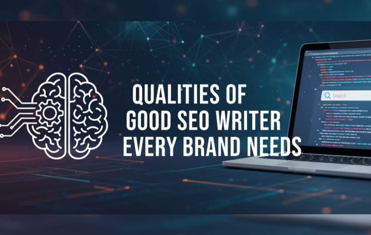 Image of a laptop displaying code and a search bar, highlighting the qualities of a good SEO writer.