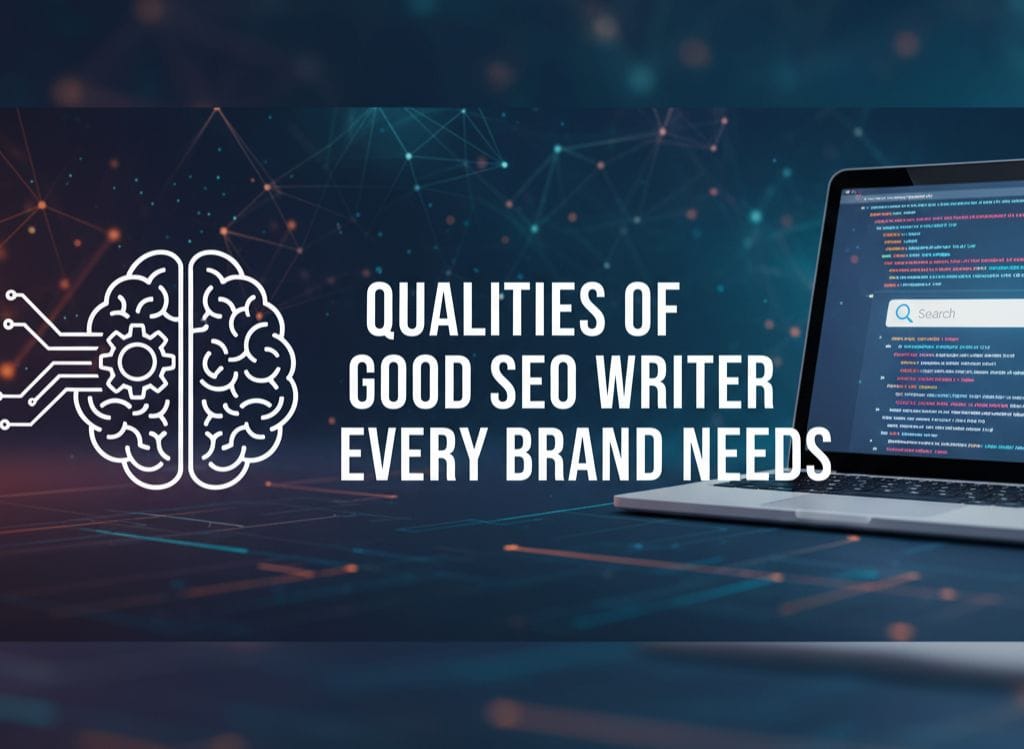 Image of a laptop displaying code and a search bar, highlighting the qualities of a good SEO writer.