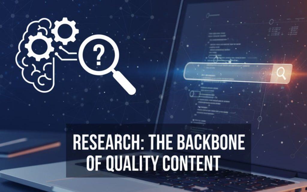 Image of a laptop with code and icons, emphasizing the qualities of a good SEO writer focused on research for quality content.