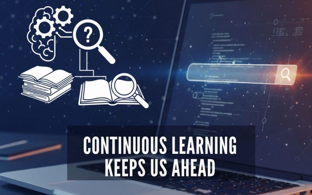 Image of a laptop with code, books, and icons, illustrating the qualities of a good SEO writer focused on continuous learning.