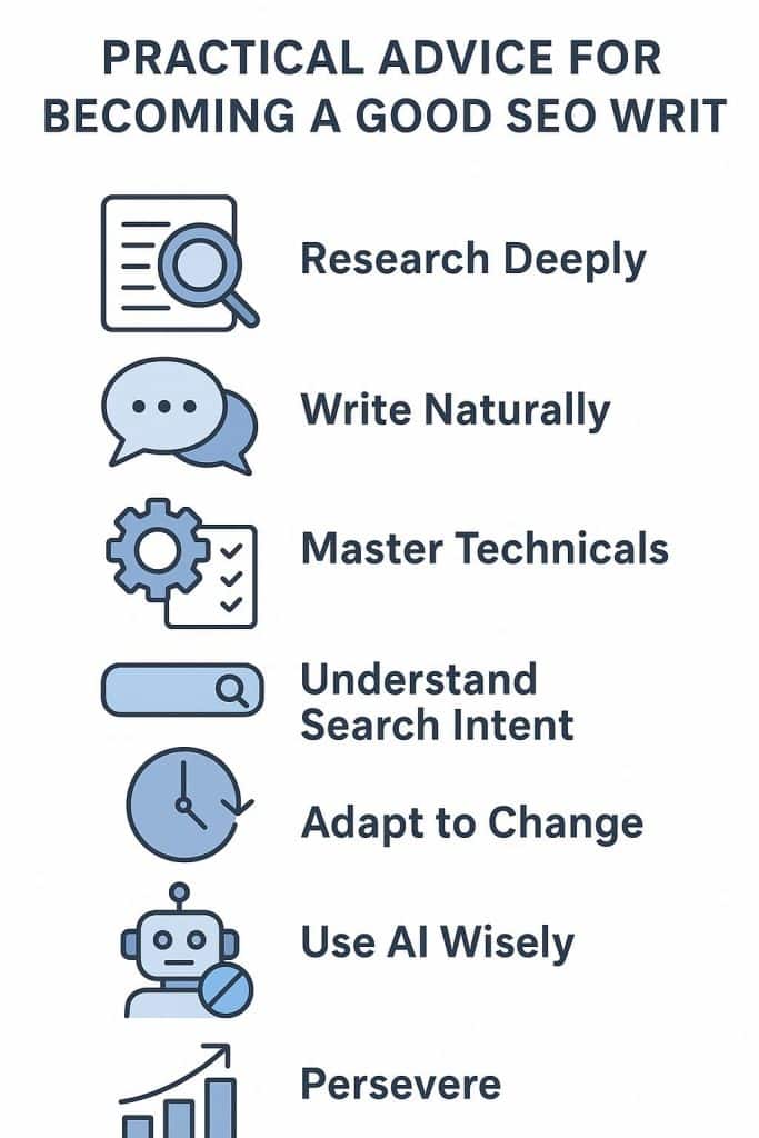 Graphic listing the qualities of a good SEO writer, focusing on research, adaptability, and understanding search intent.