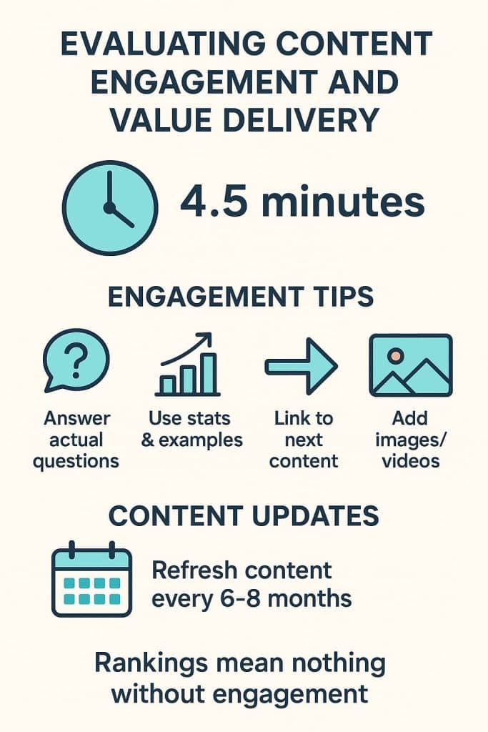 Graphic outlining tips for evaluating content engagement, with important questions to ask SEO writers about value delivery.