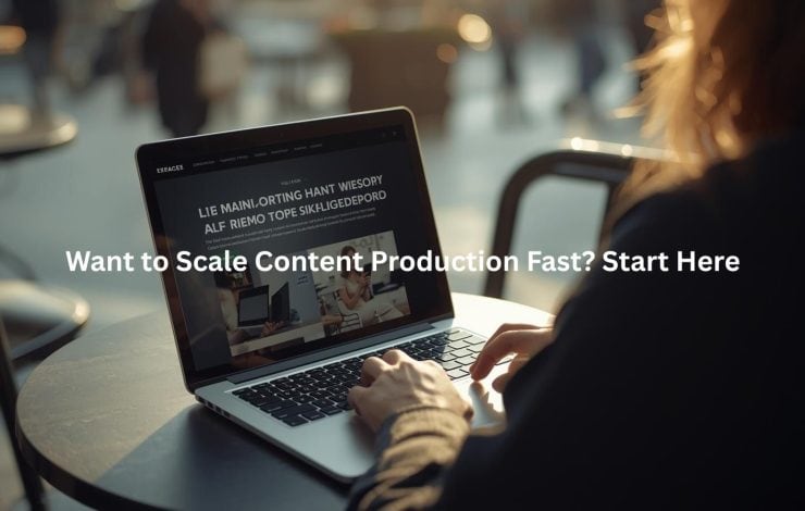 This image showcases a laptop displaying a call-to-action to scale content production quickly, suggesting the availability of a service or solution that can help businesses streamline and accelerate their content creation processes.