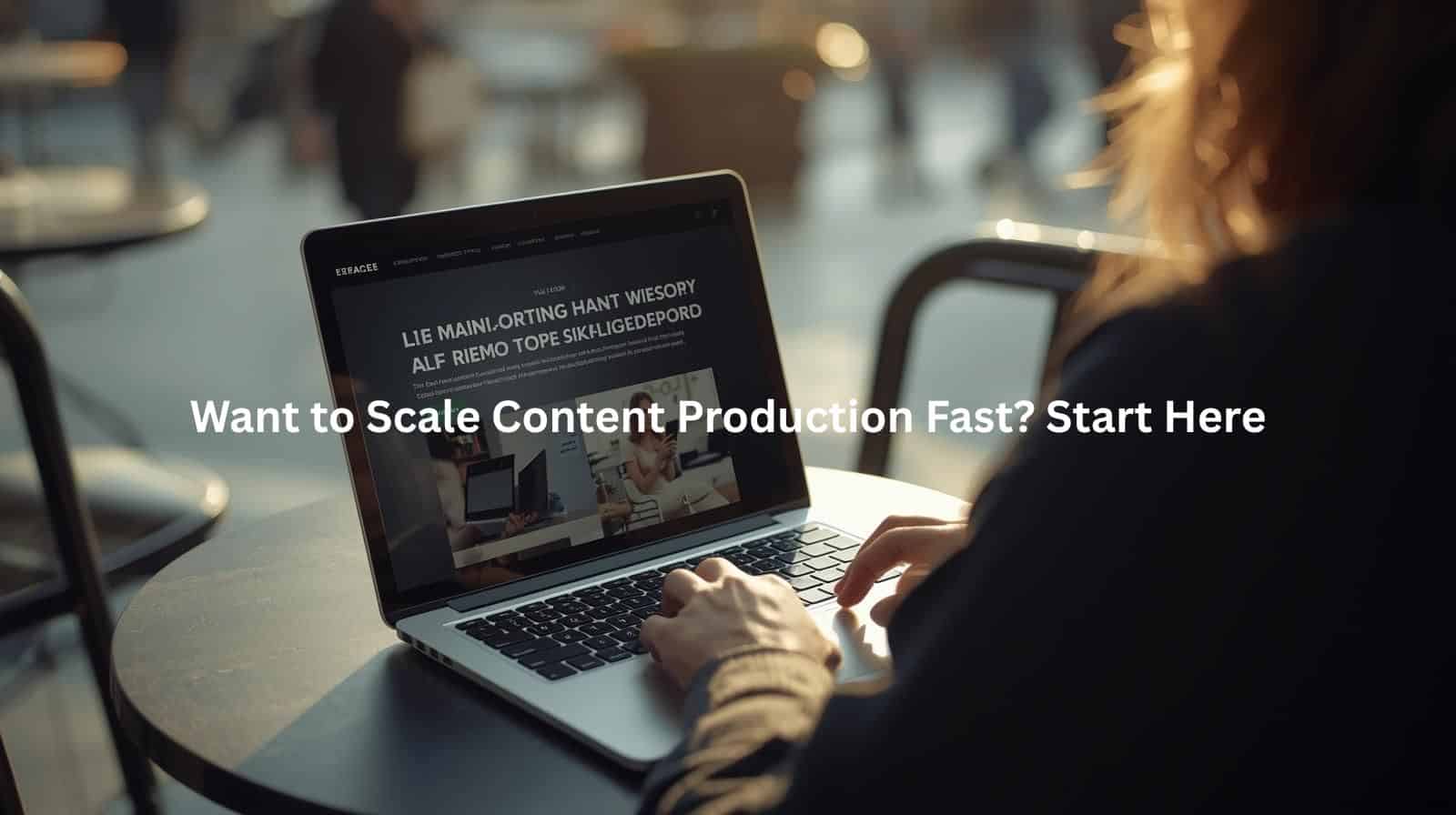 This image showcases a laptop displaying a call-to-action to scale content production quickly, suggesting the availability of a service or solution that can help businesses streamline and accelerate their content creation processes.