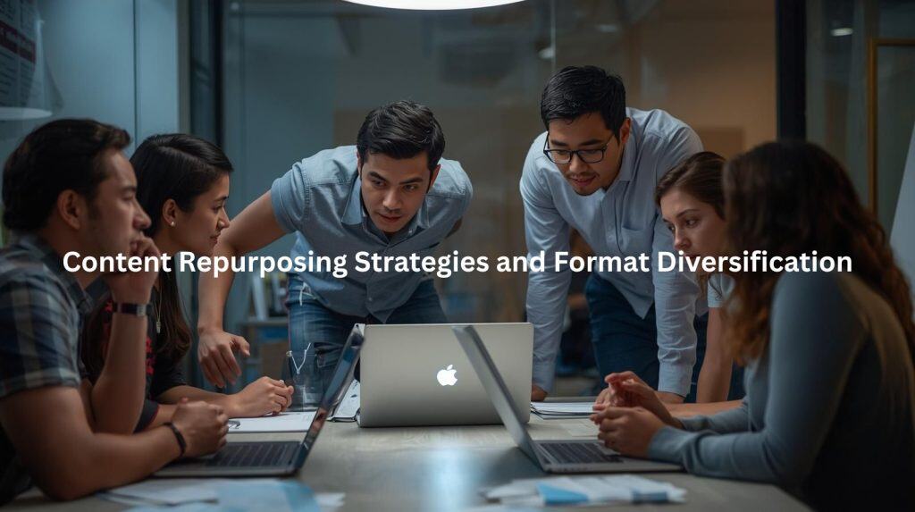 This image depicts a team of professionals collaborating on content production, suggesting strategies and techniques they may employ to efficiently repurpose and diversify their content in order to scale their content creation capabilities.