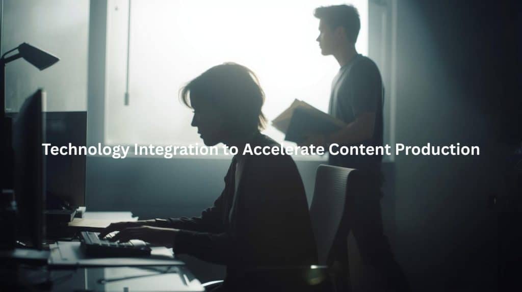 This image depicts a workspace where technology integration is used to accelerate content production, suggesting a solution or service that helps businesses streamline and scale their content creation capabilities.