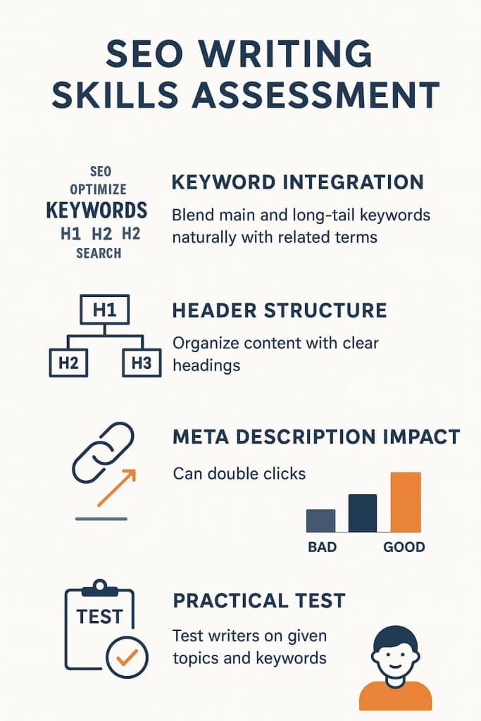 Graphic detailing an SEO writing skills assessment, crucial for screening SEO content professionals in keyword integration.