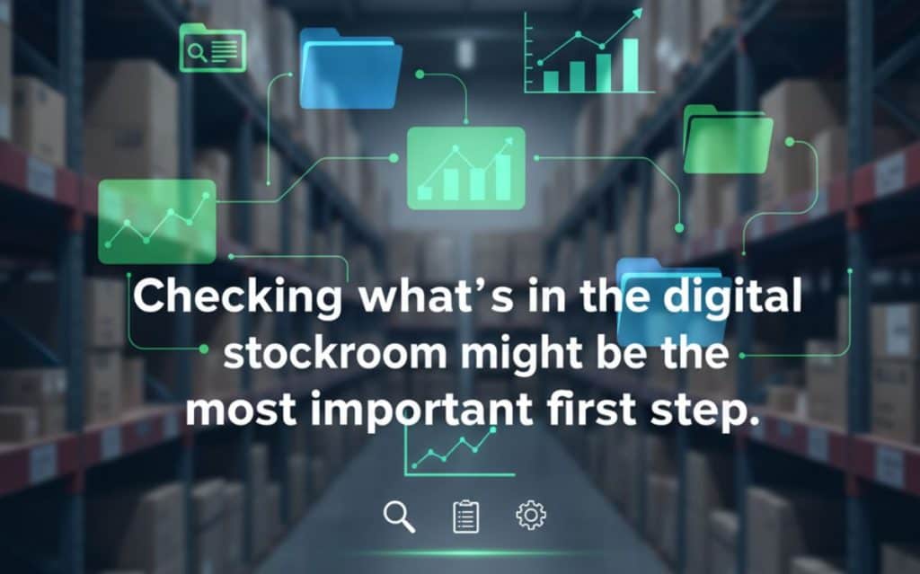 Visual of a digital stockroom with analytics icons, illustrating a service for content strategy SEO and data assessment.