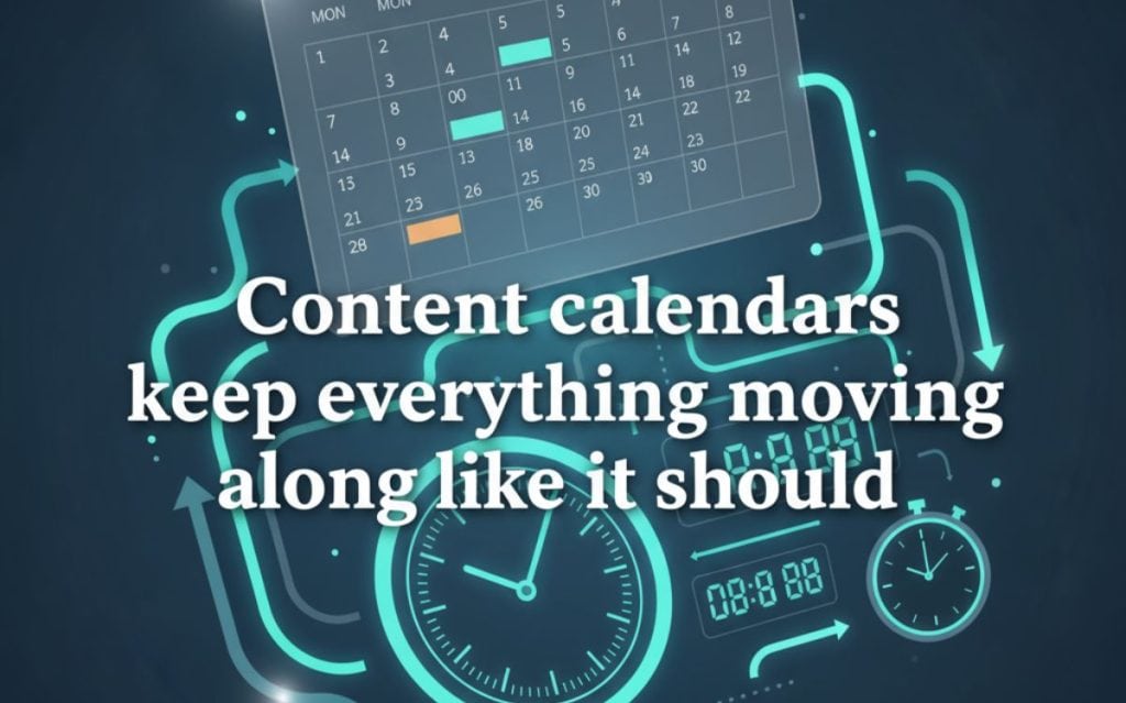 Graphic of a clock and calendar icons, representing a service for content strategy SEO that emphasizes organization and timing.