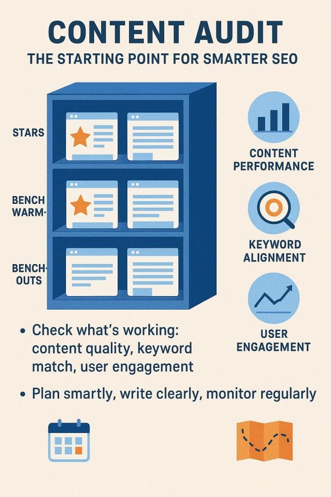 Infographic on a content audit, highlighting a service for content strategy SEO focused on performance and user engagement.