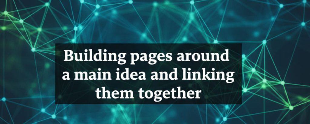 Graphic of interconnected nodes representing a topic cluster strategy service focused on linking content around a main idea.