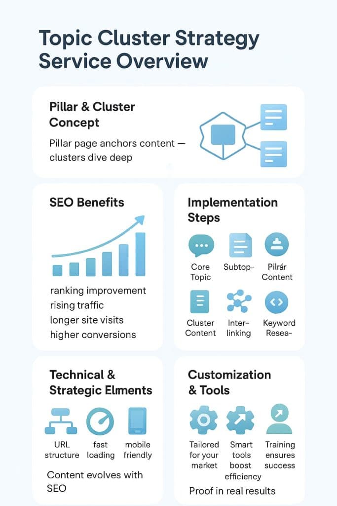 Infographic overview of a topic cluster strategy service, detailing concepts, benefits, implementation, and tools for SEO.