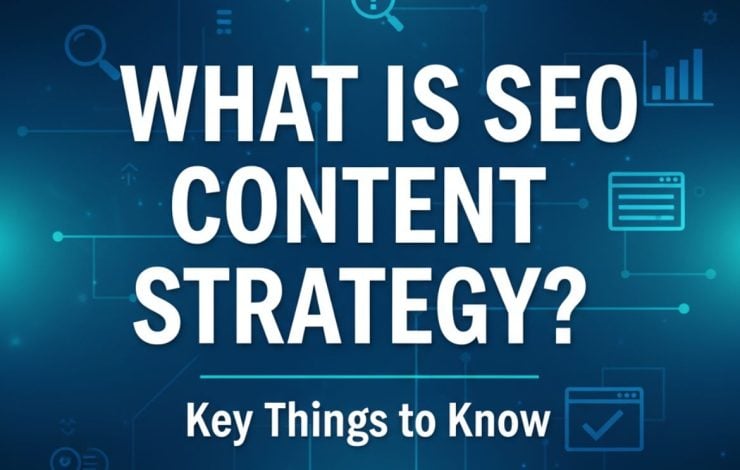 Graphic featuring digital elements and text asking "what is SEO content strategy," highlighting key concepts in SEO.