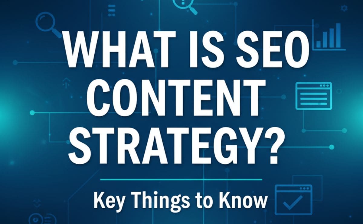 Graphic featuring digital elements and text asking "what is SEO content strategy," highlighting key concepts in SEO.