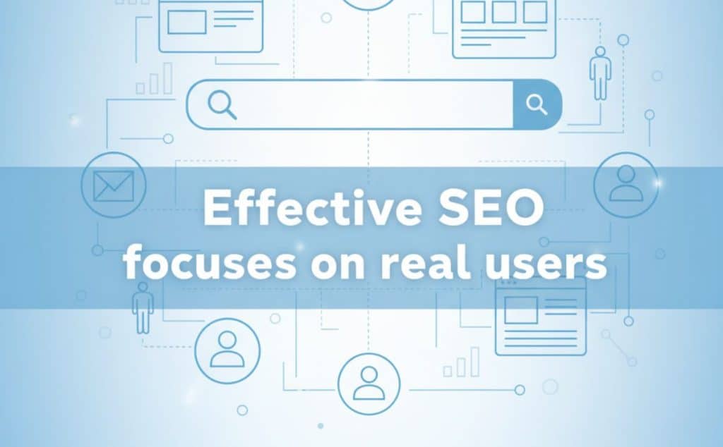 Illustration showing digital icons and a search bar, emphasizing "what is SEO content strategy" focused on real users.