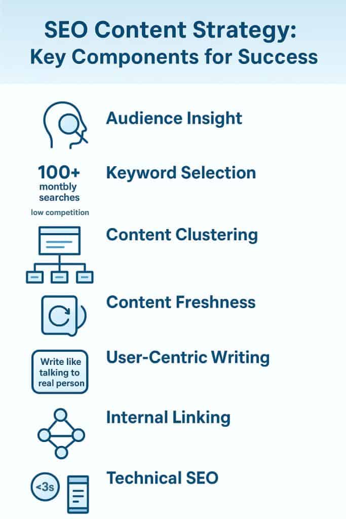 Infographic listing key components of "what is SEO content strategy," including audience insight, keyword selection, and more.