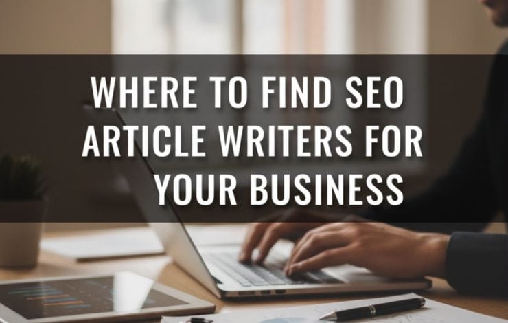Person typing on a laptop at a desk, focusing on where to find SEO article writers for business needs.