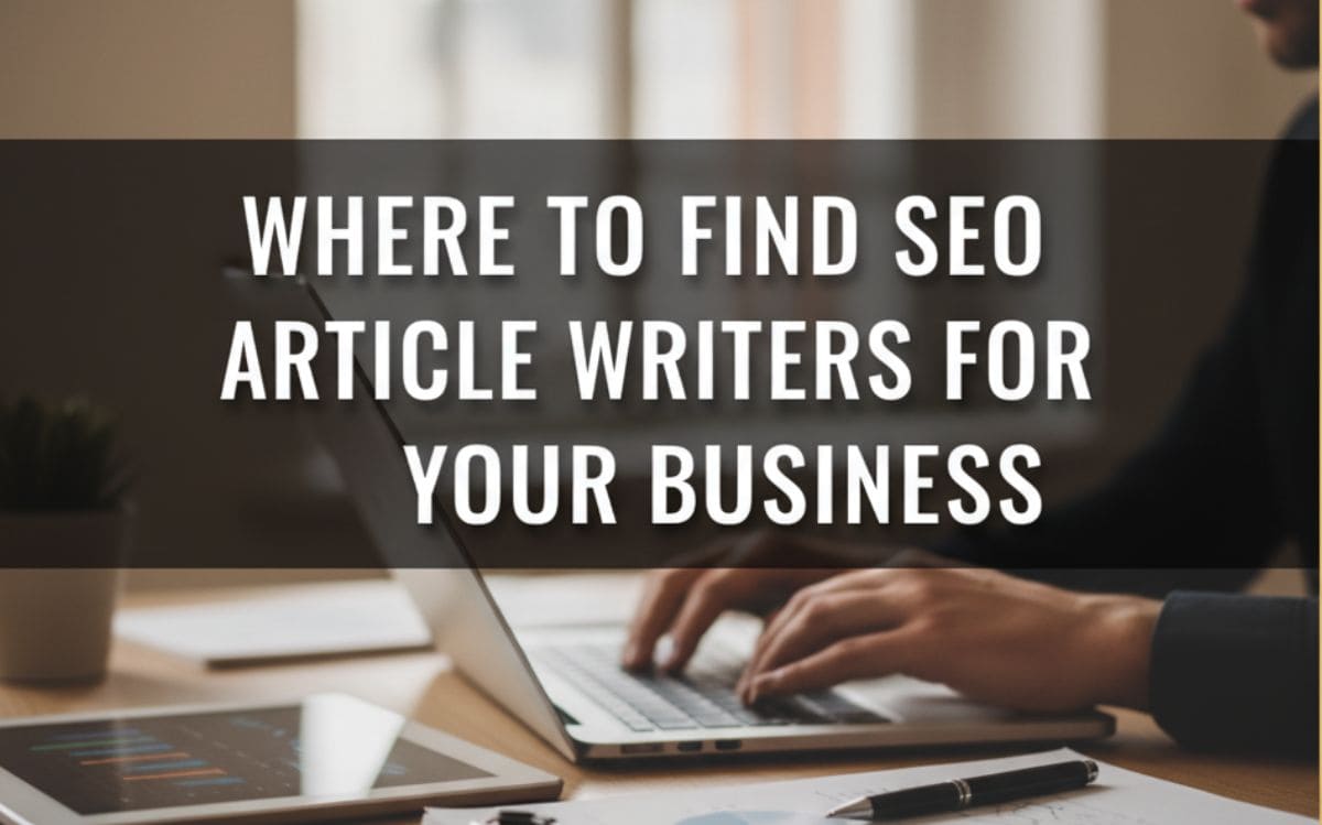 Person typing on a laptop at a desk, focusing on where to find SEO article writers for business needs.