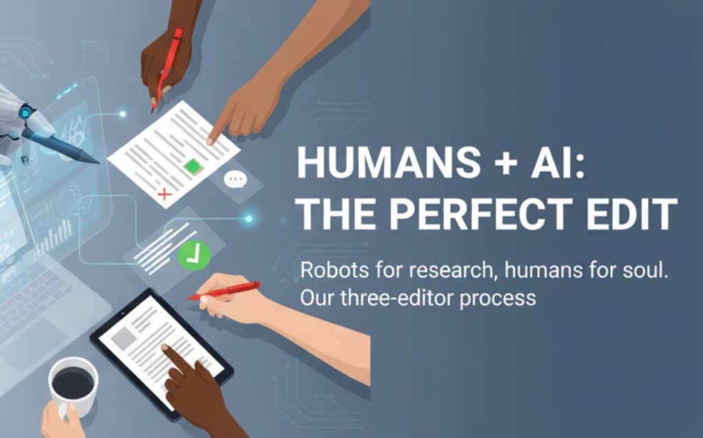 Illustration of hands editing documents, highlighting collaboration in finding SEO article writers with AI assistance.