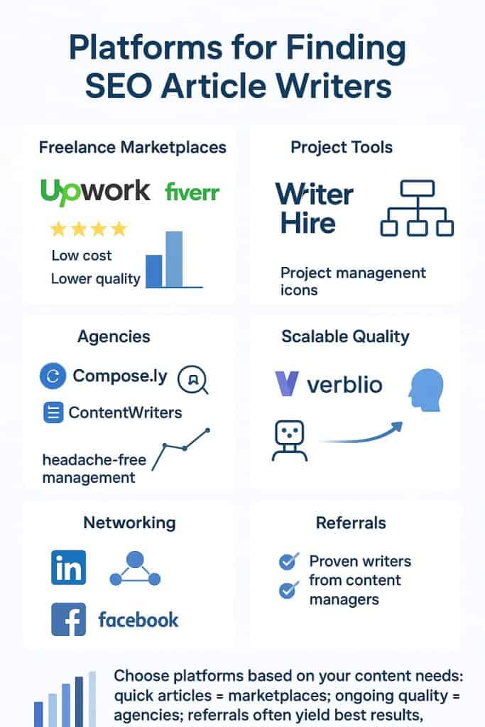 Infographic displaying platforms for finding SEO article writers, including freelance marketplaces and networking options.