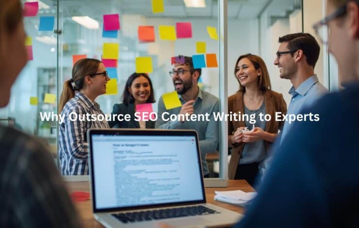 This image depicts a team of professionals collaborating on content creation, suggesting that outsourcing SEO content writing to experts can help businesses scale their production capabilities and leverage specialized knowledge.