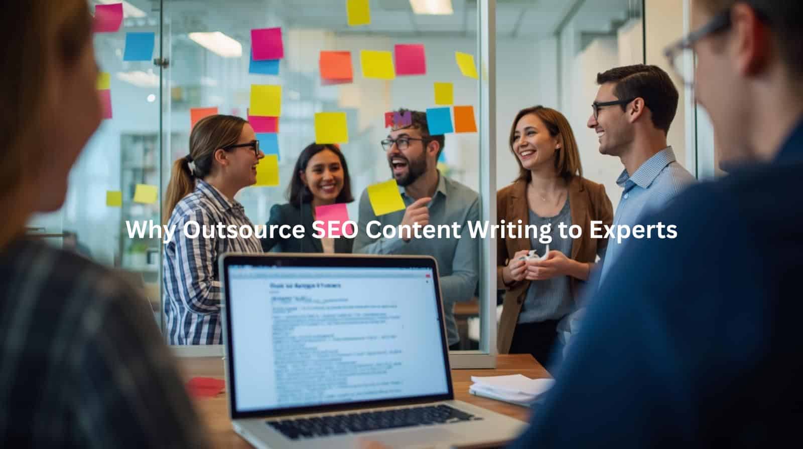 This image depicts a team of professionals collaborating on content creation, suggesting that outsourcing SEO content writing to experts can help businesses scale their production capabilities and leverage specialized knowledge.