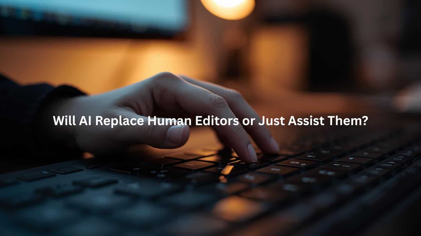 This image depicts a human hand typing on a keyboard in a dimly lit environment, suggesting the continued importance of human involvement in tasks like editing, even as AI technologies advance. The scene evokes a sense of focused work, hinting that AI may enhance but not fully replace the role of human editors.