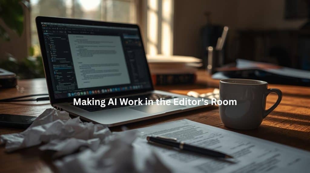 This image depicts a laptop and work materials on a desk, suggesting the role of technology in the editing process. However, the presence of handwritten documents and a coffee mug implies the continued involvement of human editors, indicating that AI may assist but not fully replace their expertise.