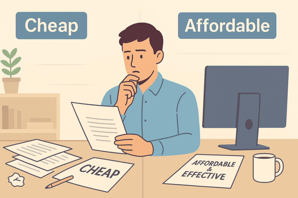 Cheap vs. Affordable SEO Content. A man reviewing documents, contrasting the concepts of cheap and affordable SEO content.