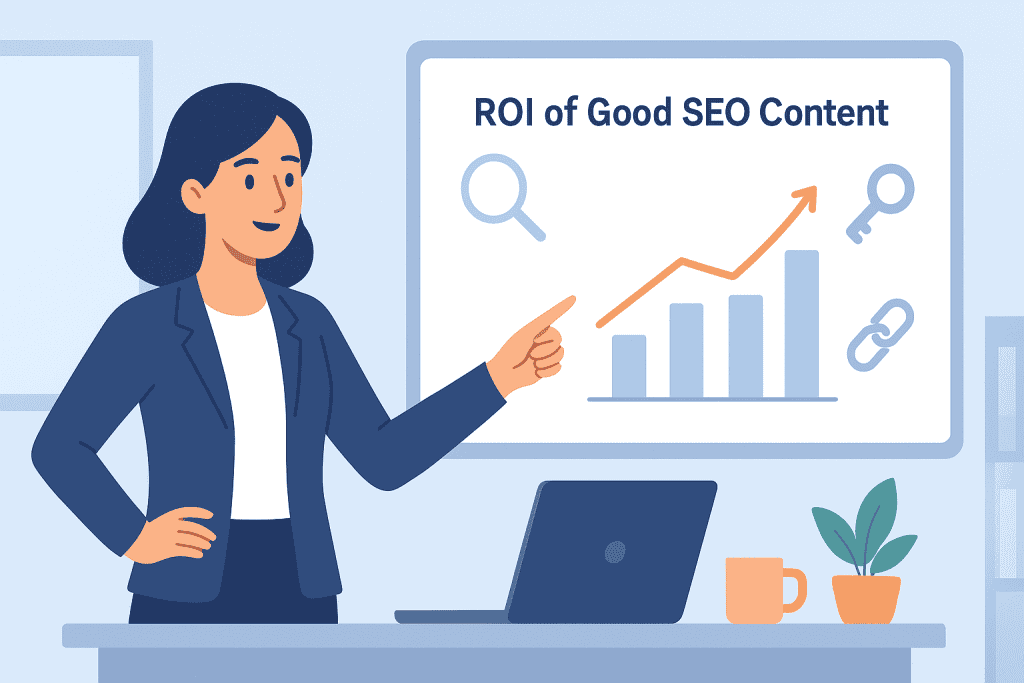 ROI of Good SEO Content. A woman presenting a graph highlighting the return on investment for effective SEO content.