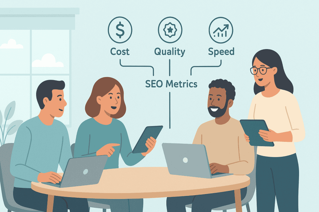 Affordable SEO Blog Content. A woman working on a laptop, surrounded by SEO-related icons and graphs, emphasizing the cost-effective approach to content creation.