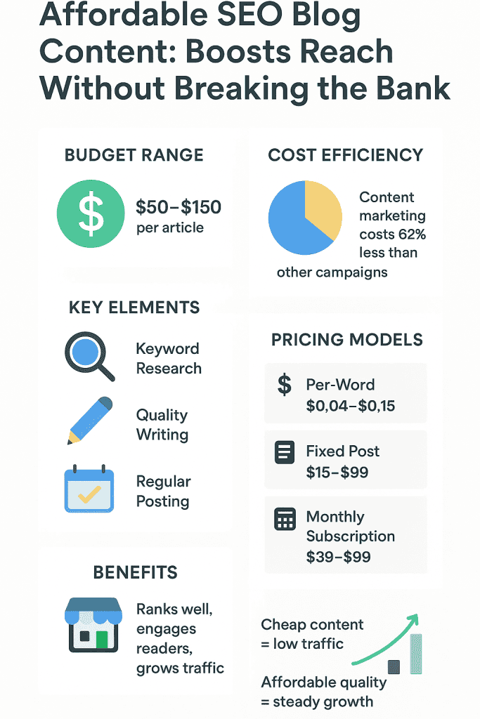 Affordable SEO Blog Content: Quality Writing, Regular Posting, and Keyword Research. An illustration of a woman working on SEO content optimization.