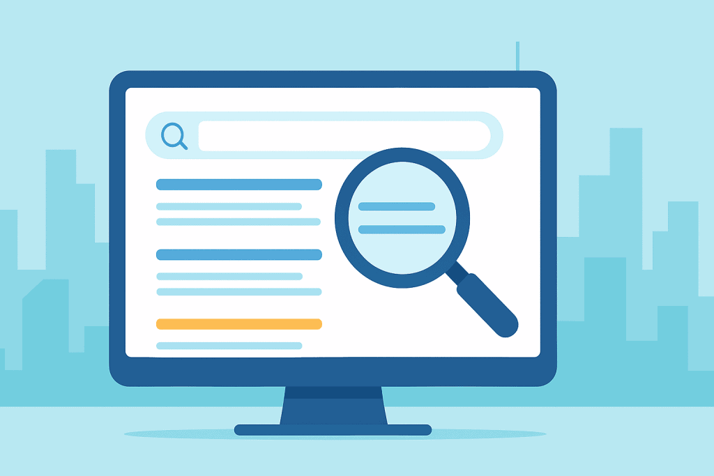 Magnifying glass icon and search bar on a computer screen, illustrating the keyword research aspect of an SEO blog service.