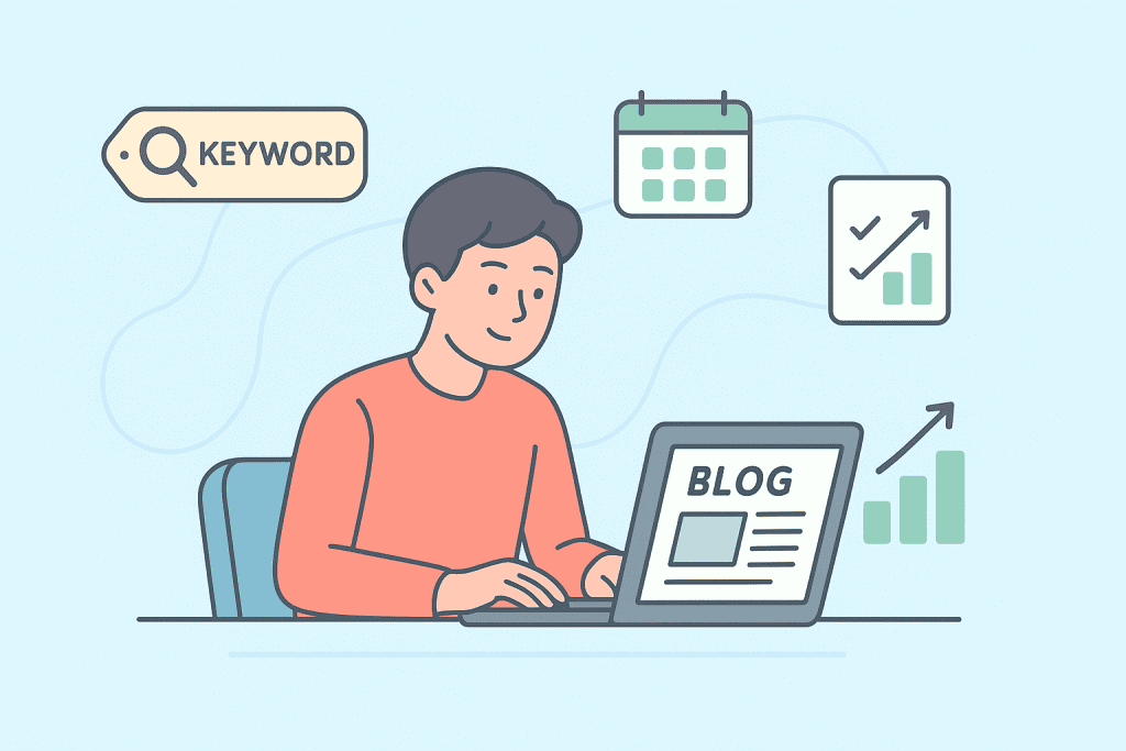 Icons representing the time-saving benefits of an SEO blog service, including analytics, scheduling, and content optimization.