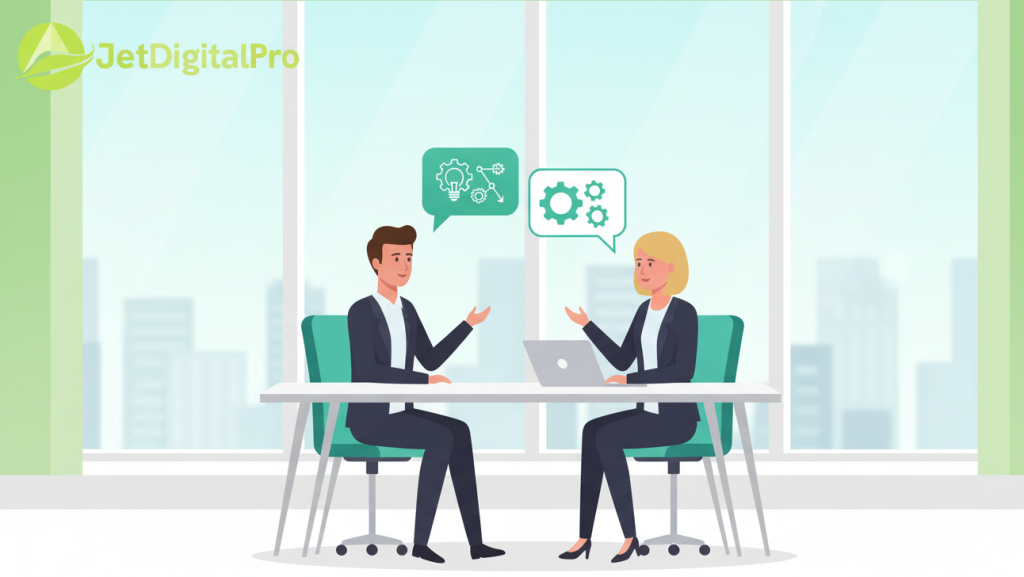 Two professionals discussing blog SEO strategies and technical solutions for improving search engine optimization.