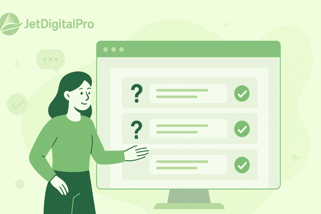 Graphic depicting a person interacting with a computer displaying FAQ questions and answers, emphasizing the importance of creating SEO-optimized FAQ pages.
