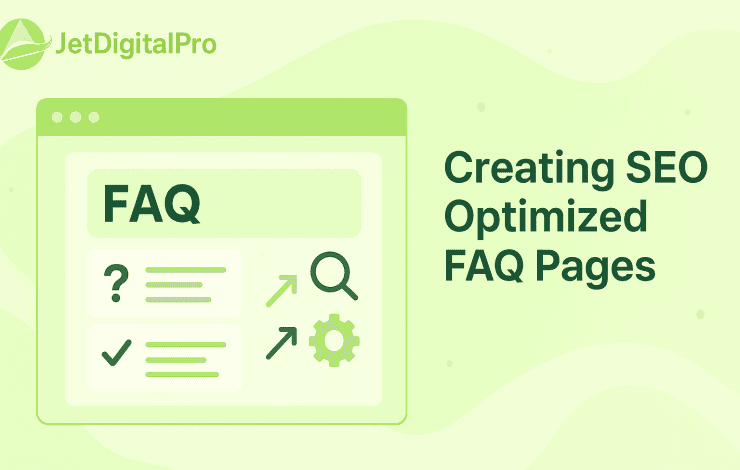 Illustration of a FAQ page with search icon, checkmarks, and text highlighting key elements for creating SEO-optimized FAQ pages.