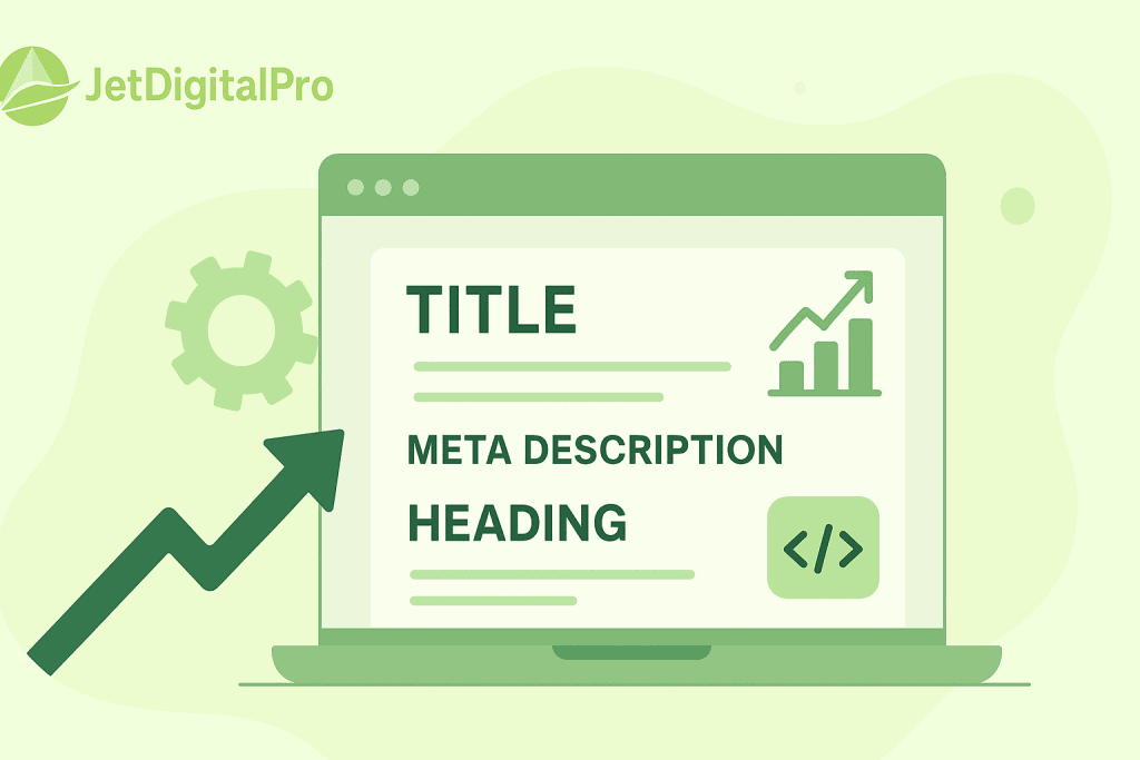 Diagram showcasing the components of an SEO-optimized FAQ page, such as title, meta description, heading, and code, to improve visibility and user experience.