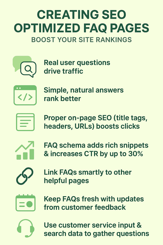  Infographic outlining the benefits of creating SEO-optimized FAQ pages, including boosting site rankings, driving traffic, and providing simple, natural answers.