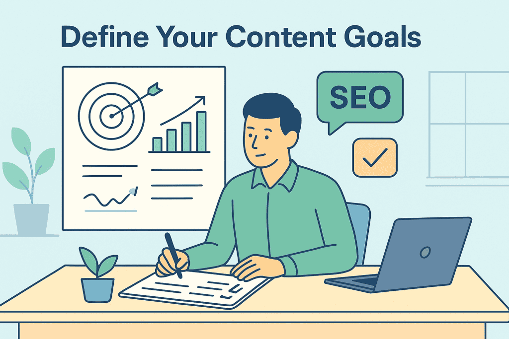 SEO professional setting content marketing goals, tracking metrics and planning strategic approach