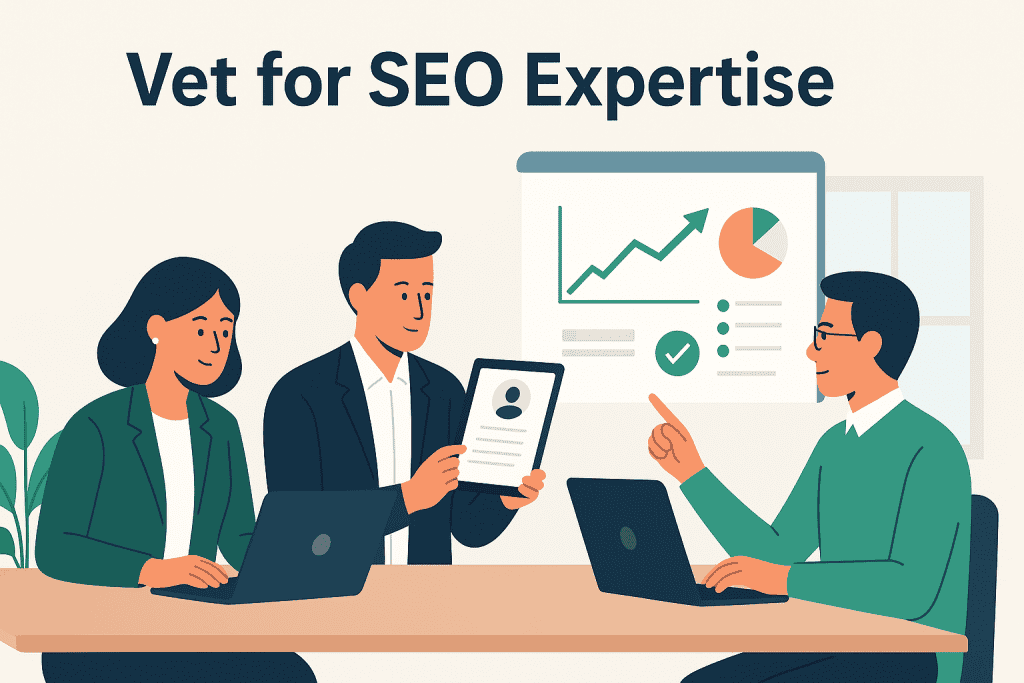 SEO experts collaborate on strategy, analyzing performance graphs and discussing content optimization techniques