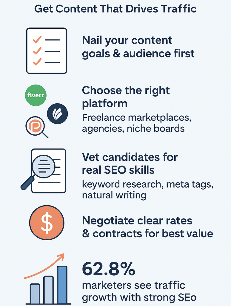 Step-by-step guide to recruiting top SEO blog writers, highlighting skills, platforms, and content goals