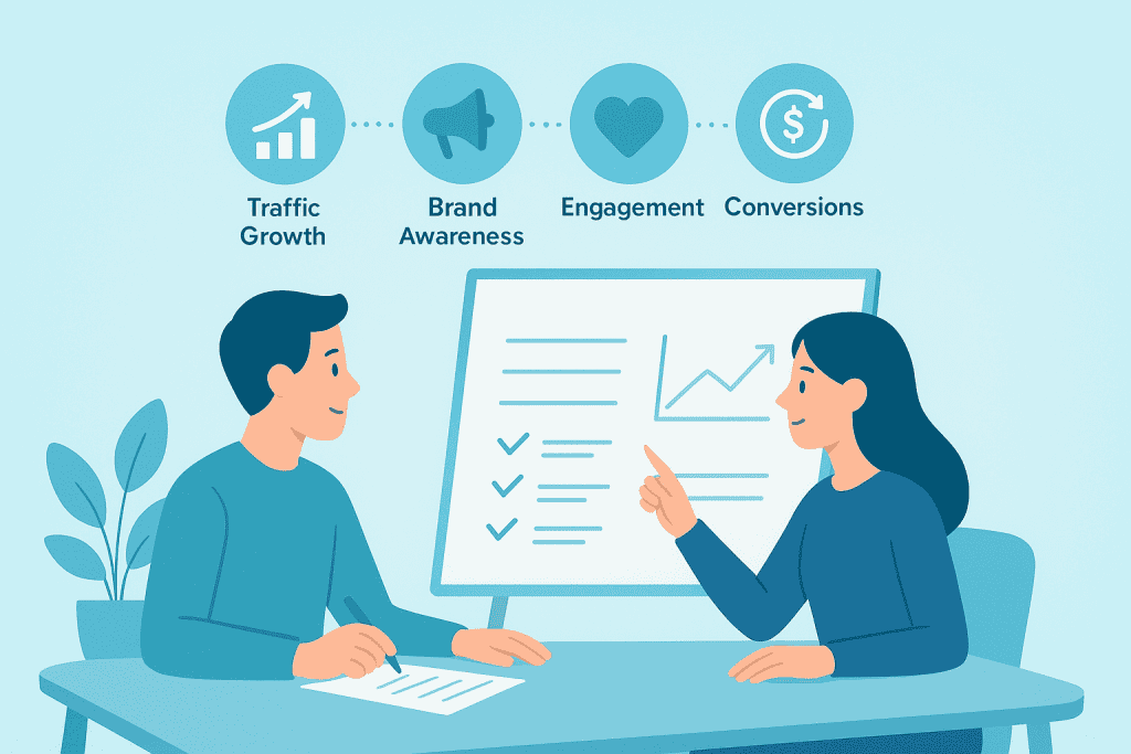 Digital marketing consultation demonstrating traffic growth, brand awareness, and conversion strategies for blog writing