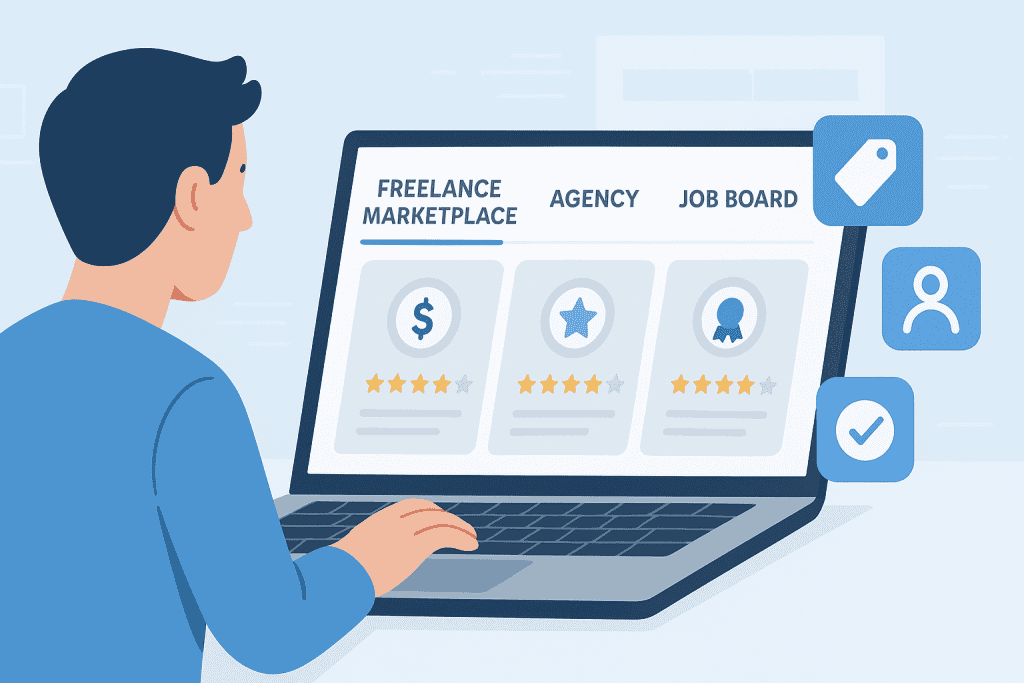 Freelance platform comparison screen helping businesses find top-rated SEO blog writing services across different channels