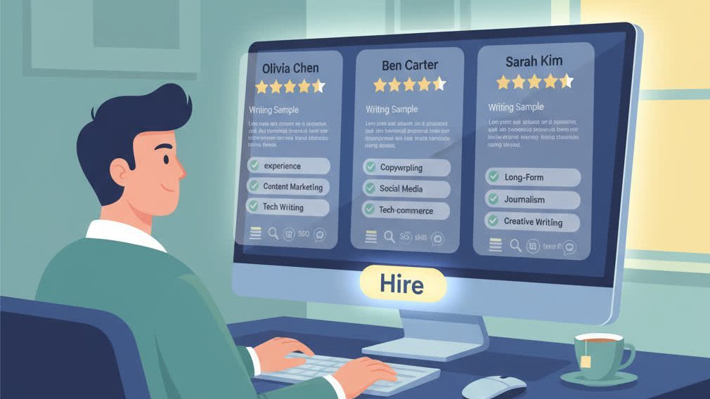 Professional hiring interface showing writer profiles with SEO skills for content marketing and blog writing services