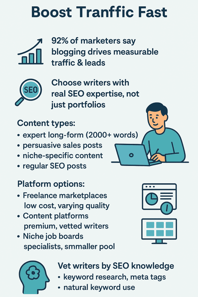 SEO blogging strategy guide showing how to hire expert writers to boost website traffic and leads effectively