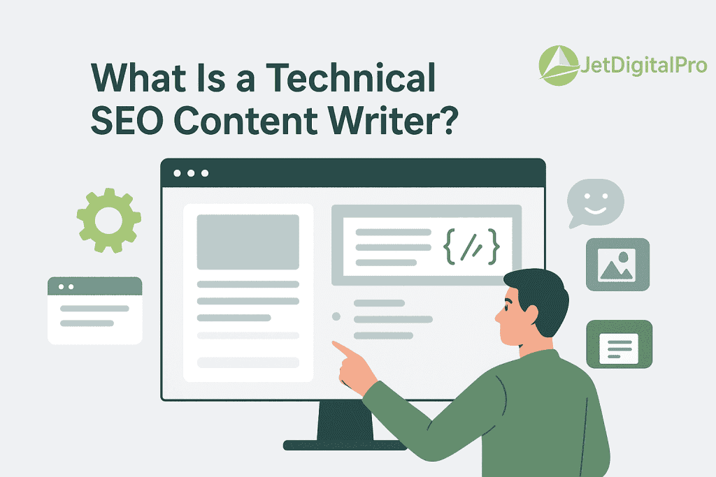 Technical SEO content writer pointing at website code and design elements on computer screen for optimization