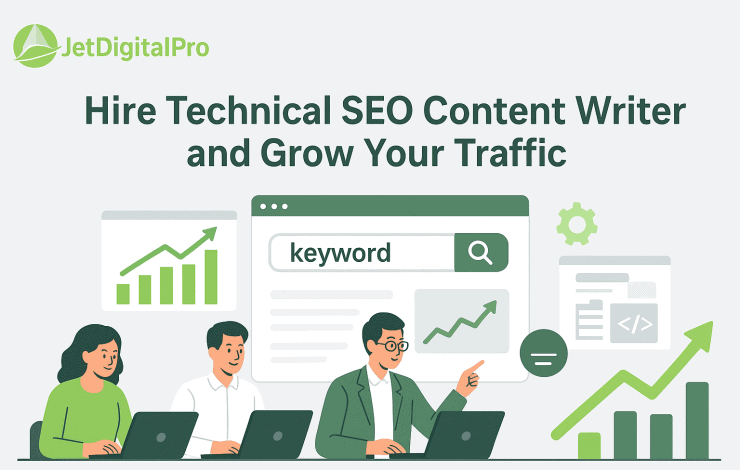 Team of professionals working on laptops with keyword search and traffic growth charts for SEO content