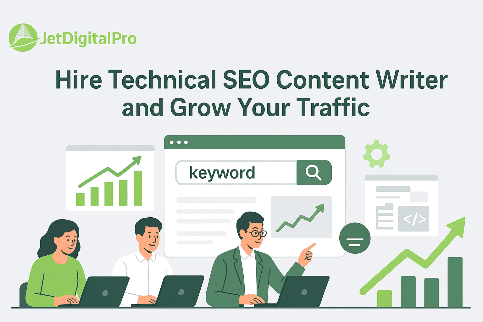 Team of professionals working on laptops with keyword search and traffic growth charts for SEO content